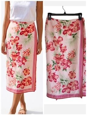Talbots silk Wrap skirt Hawaiian Print Pink floral 100% silk Tropical  Size 8P